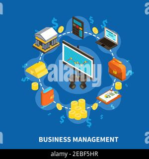 Gestion des affaires financières icônes isométriques composition ronde avec pièces en or illustration du vecteur calculateur d'ordinateur de banque de monnaie Illustration de Vecteur