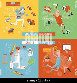 Football américain basketball le football et le cricket correspondent à 4 icônes plates illustration vectorielle isolée abstraite de la bannière carrée de composition Illustration de Vecteur