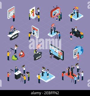 Icônes isométriques de reporters définies avec des symboles de support illustration vectorielle isolée Illustration de Vecteur