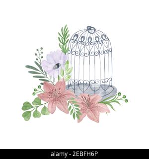Lily, fleur d'anémone, feuilles vertes, cage d'oiseau, arrangement floral décoratif dessin à la main de style vintage aquarelle illustration pour carte de voeux, banne Banque D'Images