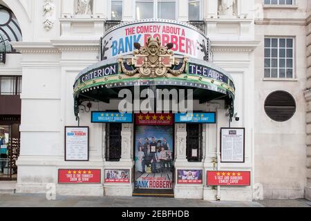 Criterion Theatre West End, fermé en raison de la pandémie de Covid-19, et peu susceptible de s'ouvrir bientôt à moins que les directives gouvernementales ne changent, Piccadilly Circus, Londres. Banque D'Images