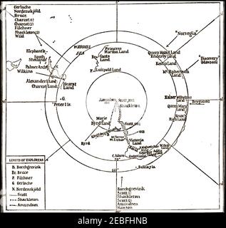 Une carte des régions polaires du Sud telles qu'elles étaient au début des années 1900 avec les limites atteint le vy divers explorateurs/ Banque D'Images