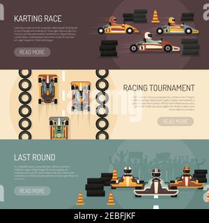 Trois bannières horizontales de course automobile présentant le karting tournoi plat isolé illustration vectorielle Illustration de Vecteur