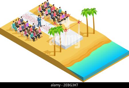 Cérémonie de mariage sur une illustration vectorielle de composition isométrique côté plage Illustration de Vecteur