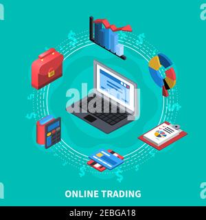 Commerce en ligne icônes financières isométriques composition ronde avec portefeuille d'ordinateur cartes de crédit diagrammes calculatrice symboles illustration vectorielle Illustration de Vecteur