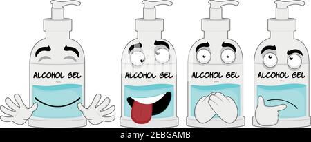 Illustration vectorielle des expressions d'une bouteille de gel d'alcool de dessin animé Illustration de Vecteur