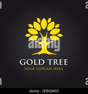 Logo Golden Tree Vector. Arbre élégant aux feuilles de couleur jaune ou or. Environnement, aménagement paysager, mode, parcs, jardin, détente, soins de santé Illustration de Vecteur