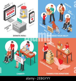 Don de charité pour les adultes nécessiteux enfants et animaux isométriques 2x2 concept de conception isolé sur des illustrations vectorielles d'arrière-plans colorés Illustration de Vecteur
