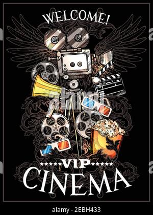 Poster de cinéma Doodle avec bobines d'appareil photo en-cas à la carte megaphone et lunettes 3d sur fond noir illustration vectorielle Illustration de Vecteur