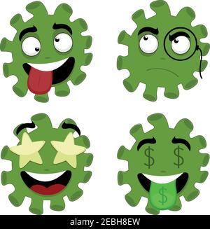 Illustration vectorielle de bactéries de dessin animé, virus ou émoticônes de microbe, avec des expressions de pensée, de la folie, avec des symboles de dollar et des yeux en forme d'étoile Illustration de Vecteur