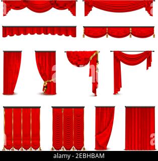 Luxueux rideaux et draperies en velours de soie rouge écarlate. Décoration intérieure idées de conception réaliste collection d'icônes illustration vectorielle isolée Illustration de Vecteur