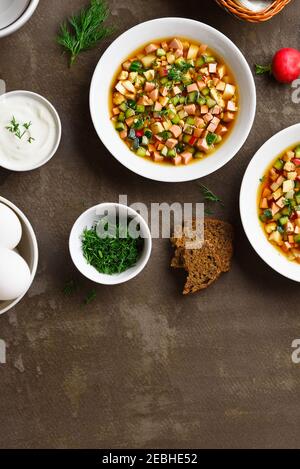 Soupe russe froide traditionnelle Okroshka avec saucisses, légumes et kvass sur fond de pierre brune avec espace texte libre. Délicieux plat d'été pour le dîner Banque D'Images