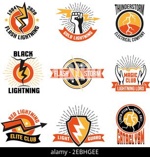 Logos et emblèmes colorés avec des jeux de lumières pour les clubs et illustration vectorielle isolée plate de sociétés électriques Illustration de Vecteur