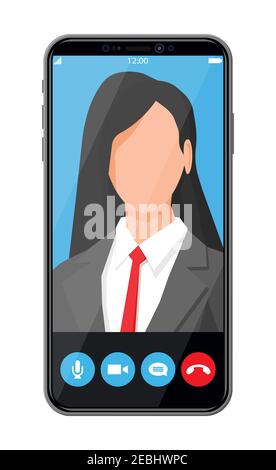 Appel vidéo entrant sur smartphone. Chat vidéo avec personnage féminin. Photo de femme, boutons refuser et accepter à l'écran. Réunion en ligne, vidéocall, webinaire ou formation. Illustration vectorielle plate Illustration de Vecteur