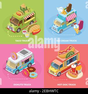 Street Food Trucks 4 icônes isométriques bannière carrée avec tacos illustration vectorielle isolée de crème glacée et de beignets Illustration de Vecteur