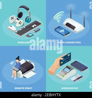 Technologie moderne de connexion Internet sans fil 4 icônes isométriques affiche carrée avec impression à distance et illustration vectorielle isolée payante Illustration de Vecteur