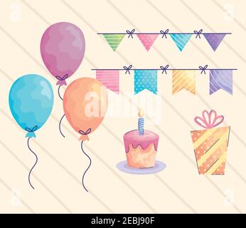 ballons hélium et icônes de l'ensemble d'anniversaire acuarela Illustration de Vecteur