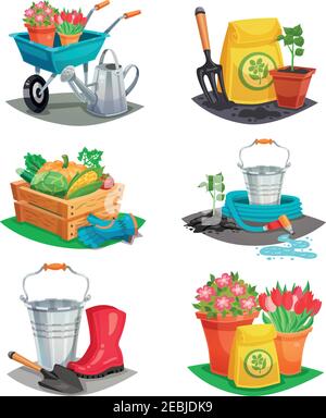 Ensemble de compositions de jardin isolées d'icônes décoratives colorées avec arrosoir à chariots à main, on peut dresser un inventaire des bottes en caoutchouc pour les travaux agricoles vec plat Illustration de Vecteur