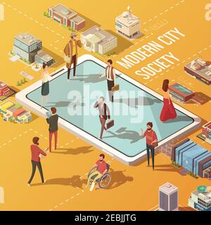Concept moderne de la société de la ville avec les personnes communiquant via Internet isométrique illustration vectorielle Illustration de Vecteur