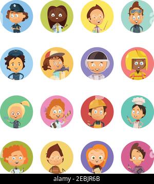 Dessins animés avatars ensemble de professions de personnes utilisées pour les enfants avec images de pilote astronaute scientifique infirmière artiste chef isolé à plat illustration vectorielle Illustration de Vecteur