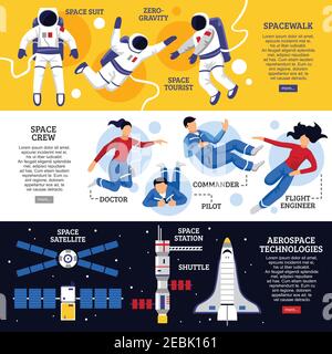 Banderoles horizontales plates avec équipage d'astronautes et transport spatial sur des arrière-plans colorés, illustration vectorielle isolée Illustration de Vecteur