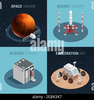 Icône isométrique de l'espace de quatre fusées avec espace d'exploration scientifique et l'illustration vectorielle des titres de fusée Illustration de Vecteur