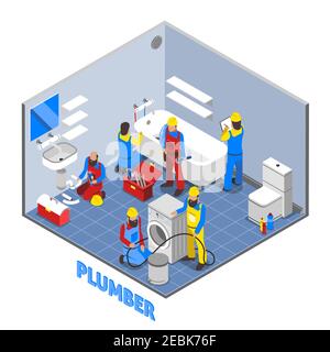 Couleur et 3d plomber la composition isométrique dans le processus de travail de illustration du vecteur de réparation de tuyaux Illustration de Vecteur