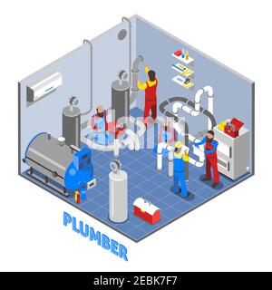 composition de personnes plombier 3d dans un style isométrique dans un travail uniforme dans l'illustration du vecteur de sous-sol Illustration de Vecteur