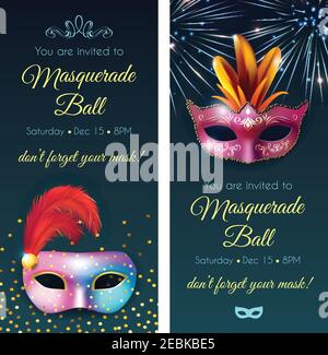 Banderoles de prospectus verticales pour les fêtes d'invitation mascarade, avec des couleurs brillantes réalistes masque le texte décoratif et l'illustration du vecteur de date modifiable Illustration de Vecteur