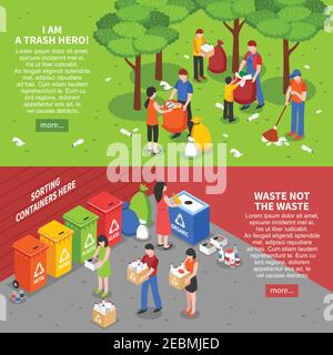 Jeu de deux banderoles horizontales de recyclage des déchets avec isométriques colorées compositions de personnes triant des déchets déchets illustration de vecteur de déchets Illustration de Vecteur