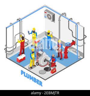 mise en page 3d de la composition de personnes isométriques plomber en couleur avec réparation des tuyaux et de l'équipement mis en place dans le vecteur de sous-sol illustration Illustration de Vecteur