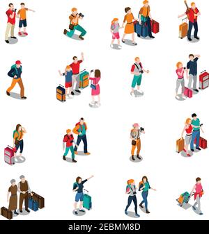 Voyage personnes icônes isométriques avec hommes femmes enfants dans différents illustration vectorielle isolée poses et bagages Illustration de Vecteur