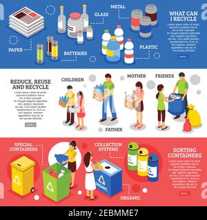 Trois banderoles horizontales de recyclage des déchets avec les figures isométriques de les personnes triant les déchets et les conteneurs images illustration vectorielle Illustration de Vecteur