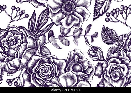Motif artistique sans couture avec roses, anémone, eucalyptus, pivoine, viburnum Illustration de Vecteur