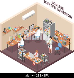 Composition en laboratoire des scientifiques avec les travailleurs de l'intérieur de l'installation de recherche isométrique dans exploitation des robes équipement et mobilier de travail vecteur illust Illustration de Vecteur