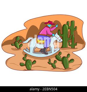 Illustration design cowboy monter un cheval à bascule sur le désert de cactus. Illustration vectorielle EPS.8 EPS.10 Illustration de Vecteur