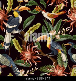 Motif sans couture avec oiseaux, feuilles et fleurs tropicales. Vecteur. Illustration de Vecteur