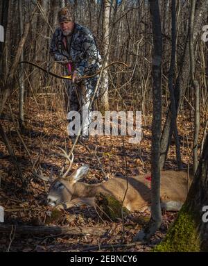 Hunter tenant son arc et sa flèche récursive faits sur mesure alors qu'il approche de sa mort dans le nord du Wisconsin. Banque D'Images