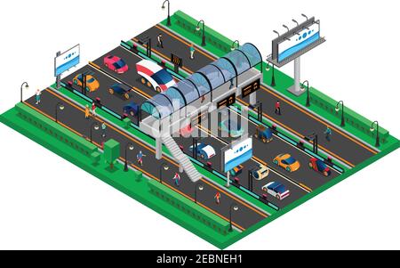 Modèle isométrique futuriste de transport avec des voitures conceptuelles de future autoroute illustration vectorielle du pont piétonnier et des panneaux d'affichage Illustration de Vecteur