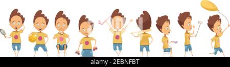 Ensemble de différentes activités de garçon avec des émotions sur le visage et accessoires style dessin animé illustration vectorielle isolée Illustration de Vecteur