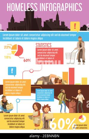 Infographies avec silhouette des sans-abri de la ville, y compris mendiant des enfants graphiques et statistiques illustration vectorielle de style dessin animé Illustration de Vecteur