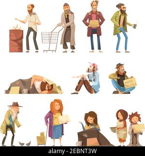 Ensemble de sans-abri, y compris les adultes et les enfants mendiant de l'argent et besoin d'aide pour isoler l'illustration vectorielle Illustration de Vecteur