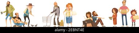 Des groupes de sans-abri se sont établis dans un style de dessin animé avec le chant hommes famille couples enfants illustration vectorielle isolée Illustration de Vecteur