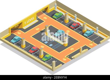 Gabarit isométrique de stationnement souterrain avec des parcs de voitures et des flèches illustration du vecteur de direction Illustration de Vecteur