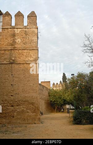 Alcazar de Séville (Real Alcazar de Sevilla) : vue sur les murs depuis l'extérieur. Espagne Banque D'Images