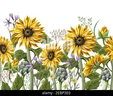 Bordure avec bouquet de tournesol,.artichaut et fleur sauvage. Illustration vectorielle. Illustration de Vecteur