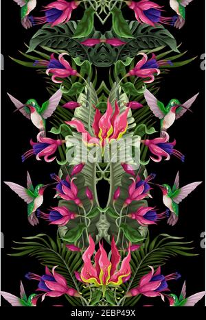 Motif sans couture avec colibris et fleurs tropicales. Imprimé vectoriel tendance. Illustration de Vecteur