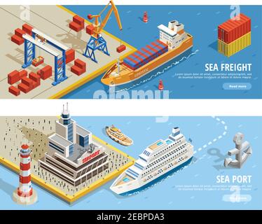 Banderoles horizontales isométriques de transport maritime avec navires de croisière et navires industriels conteneurs grue passagers ancre phare illustration vectorielle Illustration de Vecteur