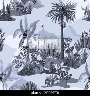 Motif monochrome sans couture avec animaux, fleurs et arbres de la jungle. Vecteur. Illustration de Vecteur