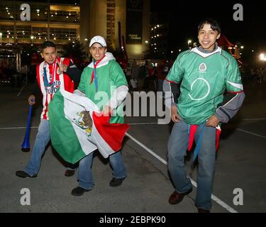 Les mains de football mexicain ont leur visage peint dans le national couleurs Banque D'Images